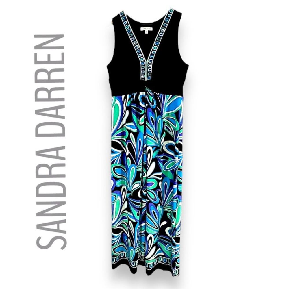 SANDRA DARREN Turquoise Blue & Black Paisley Print Sleeveless MAXI DRESS SZ 10